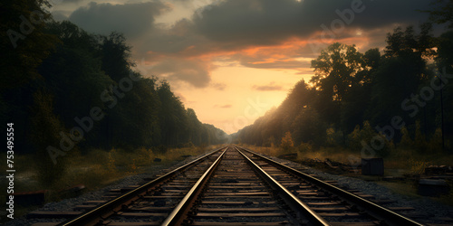 railway in the sunset,  Railway in the field at sunset with beautiful sky, 
Close up of the steel rod of the railway tracks, Una vía de tren con una puesta de sol al fondo, Generative AI