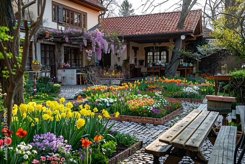 German Style House Overlooking Easter Blooms in European Garden