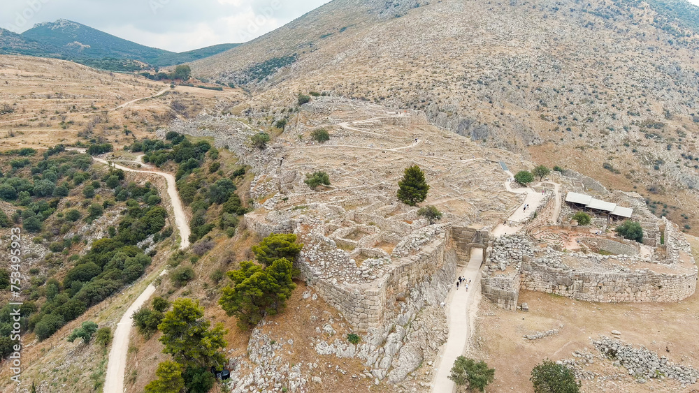 Mycenae, Greece. Excavation site: Greek settlement of the 12th century BC. e. with the ruins of the acropolis, palace and tombs, Aerial View