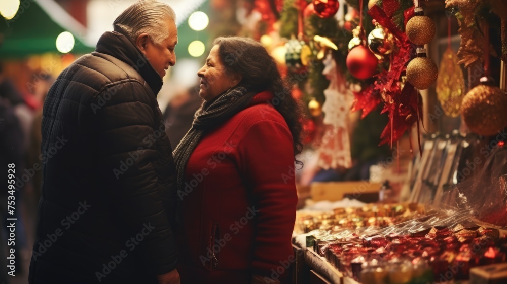 An older couple standing close together, possibly at a market or winter festival