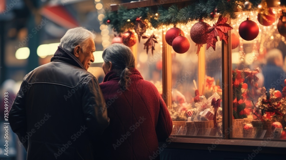 An older couple admiring a display of Christmas ornaments in a store window.