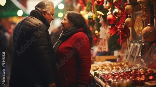 An older couple standing close together, possibly at a market or winter festival
