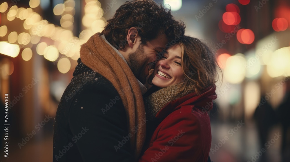 A Couple Smiling and Embracing in the Snow
