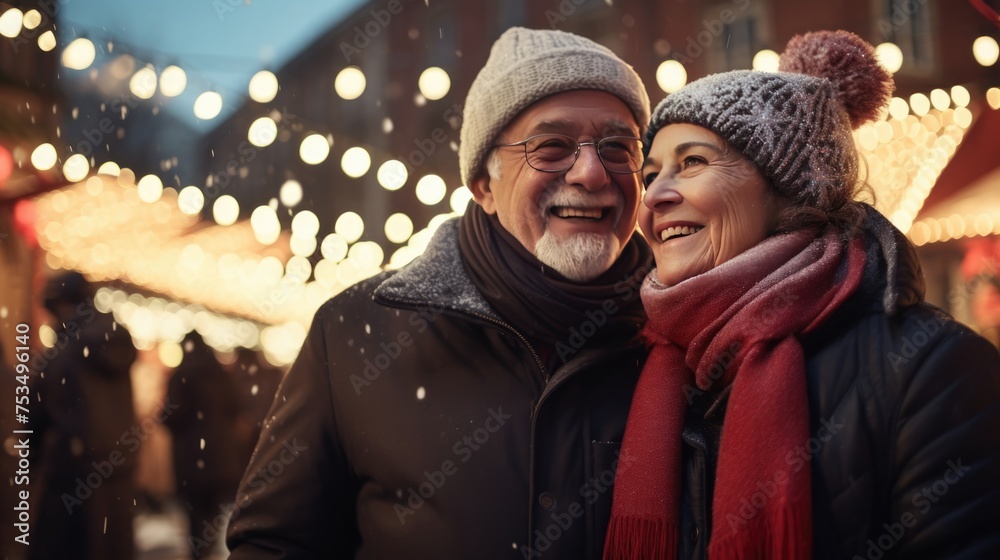 An elderly couple embracing each other in front of a bright background