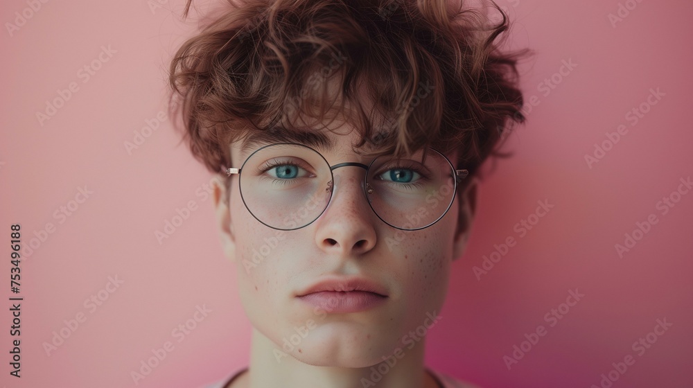 Young Man with Glasses on Pink Background Young Man with Glasses on Pink Background