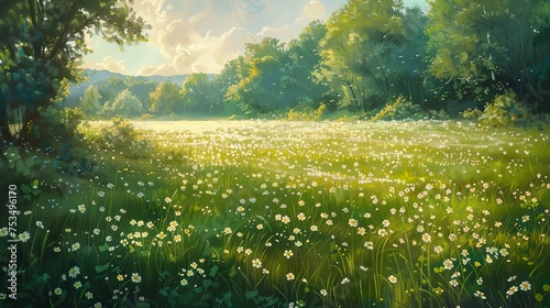 Sunlit Flower Meadow in Lush Green Forest © เอิร์ท เด็กอ้วนฟาร์ม