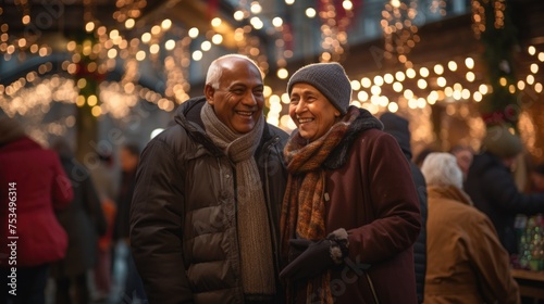 An elderly indian couple enjoying their evening time together in warm cloth during the winter holiday season.