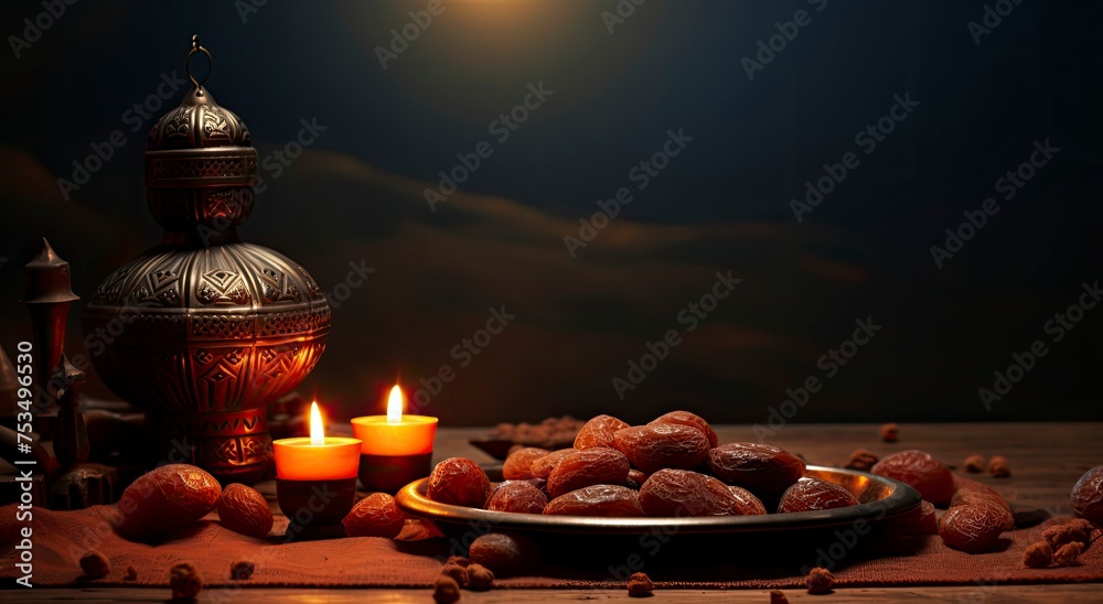 eid ul adha, moon , lantern, banner, background brown, dates bowl, realistic, generative ai