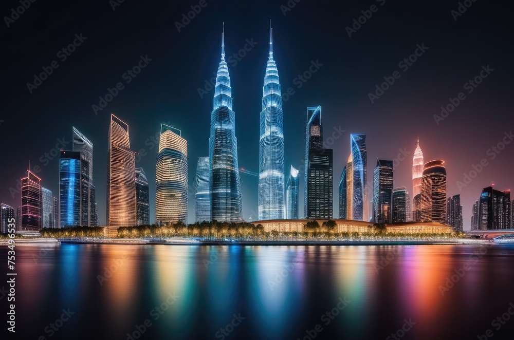 Obraz premium a modern business center illuminated at night, urban skyline by ai generated