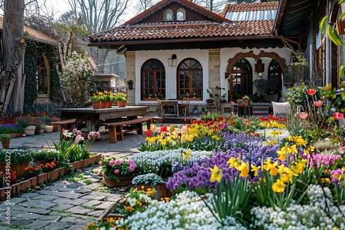 German Style House Overlooking Easter Blooms in European Garden