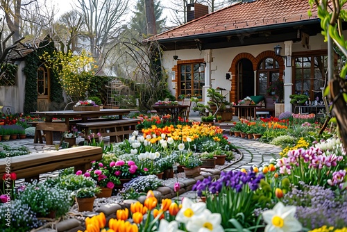German Style House Overlooking Easter Blooms in European Garden