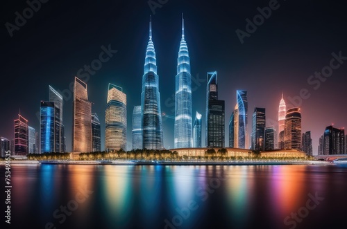 a modern business center illuminated at night  urban skyline by ai generated