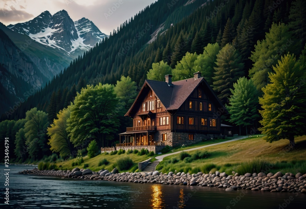 A picturesque house nestled near a river and mountains, surrounded by natural beauty and tranquility by ai generated