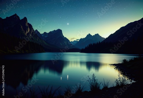 A nighttime landscape featuring a serene lake  towering mountains  and dense trees along the coast  creating a tranquil nature scene by ai generated