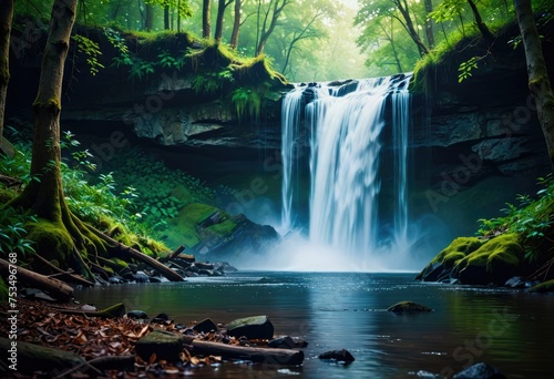 A painting capturing the beauty of a waterfall cascading through a lush forest by ai generated