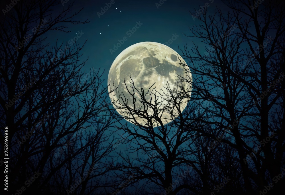 Fototapeta premium A serene night scene illuminated by a full moon, casting shadows among the tranquil trees by ai generated