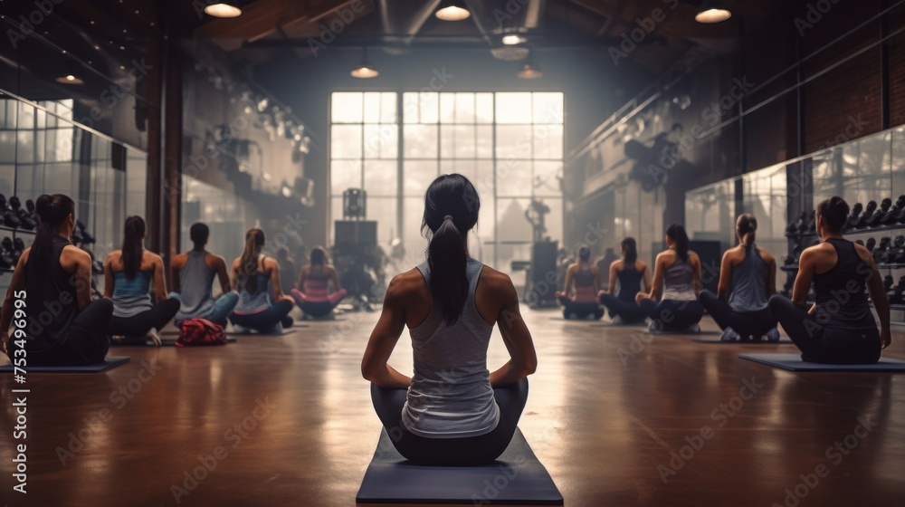 The rear view of the Coach sits with a group of Women and trains them in the gym. Sports, Fitness, Energy, Yoga, Meditation, Group Training, Healthy lifestyle concepts.