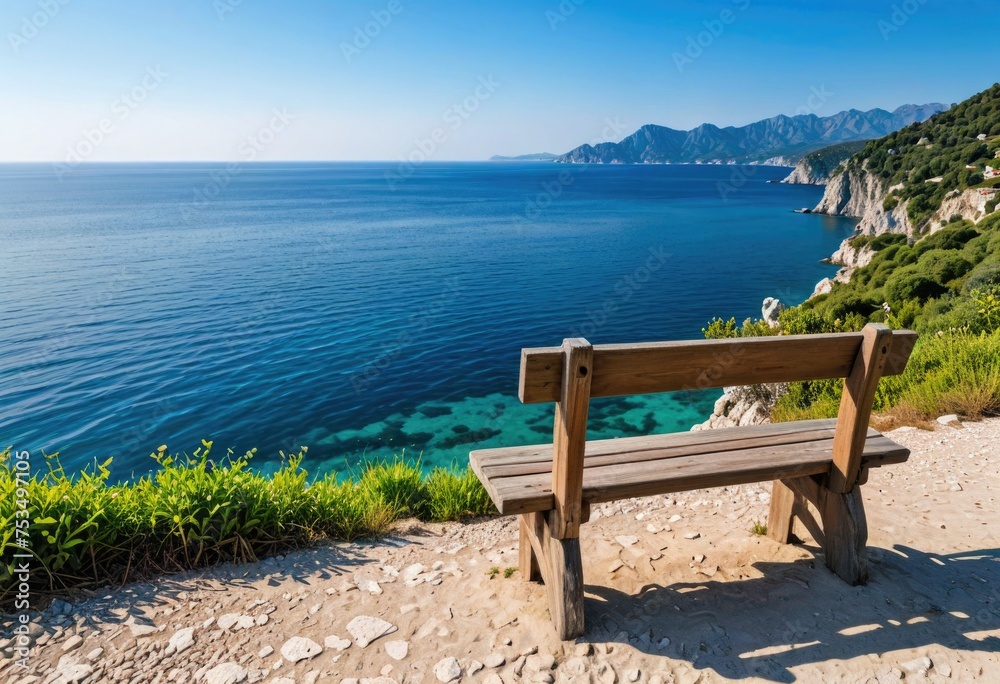A solitary wooden bench overlooks the azure sea, providing a peaceful spot for reflection and solitude by ai generated