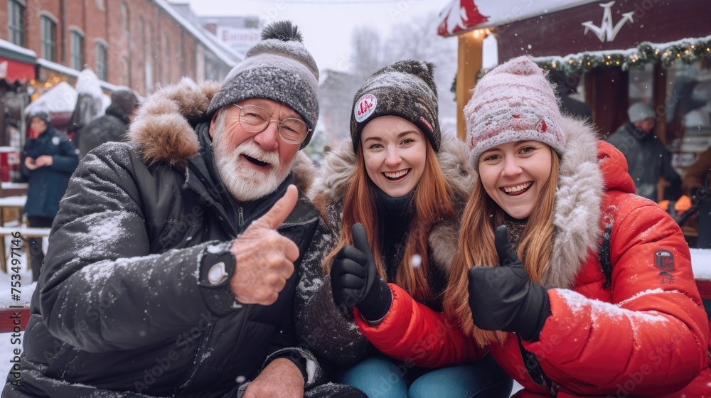 Fototapeta premium Positive older man surrounded by two smiling women in winter, Fictional Character Created By Generated AI.