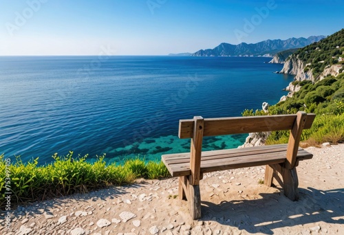 A solitary wooden bench overlooks the azure sea, providing a peaceful spot for reflection and solitude by ai generated