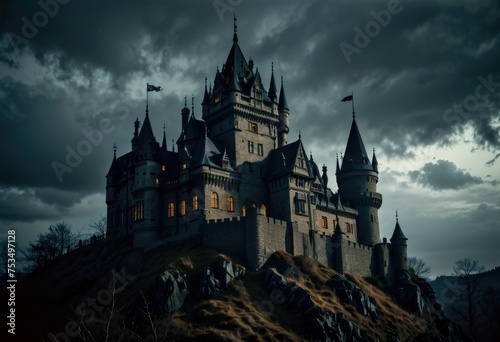 A spooky castle shrouded in horror, enveloped in gloomy darkness, evoking a sense of eerie foreboding by ai generated