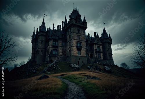 A spooky castle shrouded in horror, enveloped in gloomy darkness, evoking a sense of eerie foreboding by ai generated