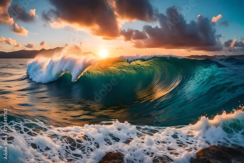 Colorful Ocean Wave. Sea water in crest shape. Sunset light and beautiful clouds on background © Eun Woo Ai