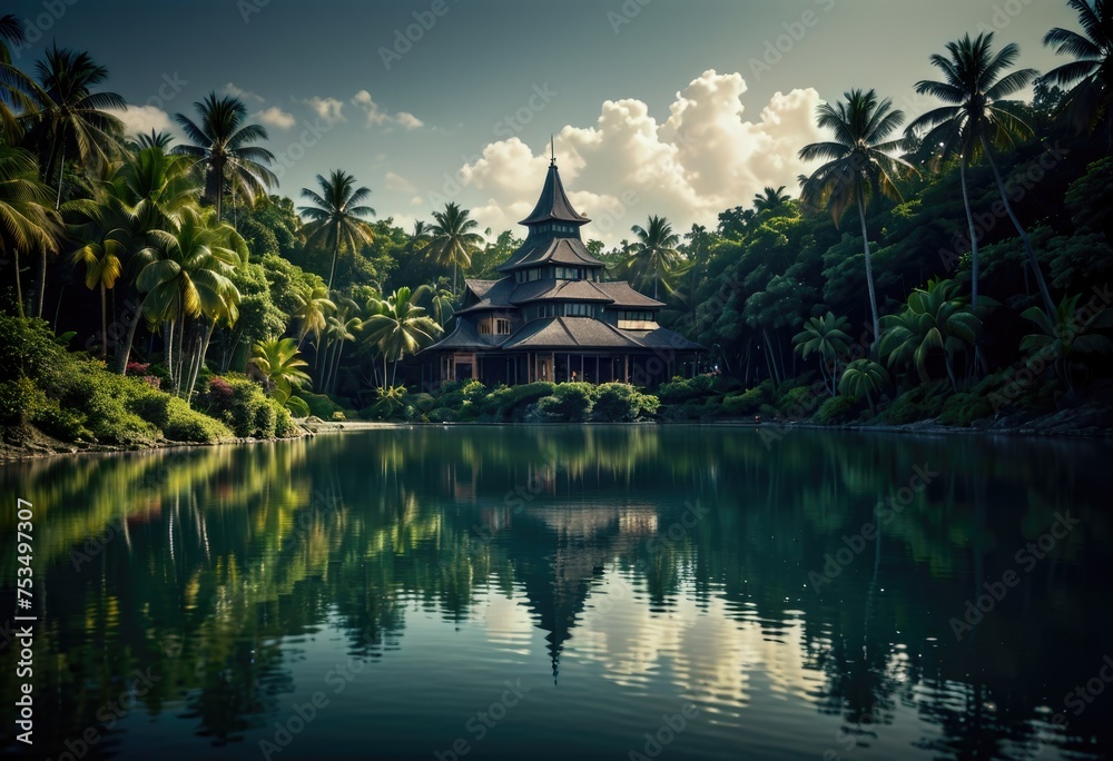 A tropical resort situated on a serene lake by ai generated - obrazy, fototapety, plakaty 