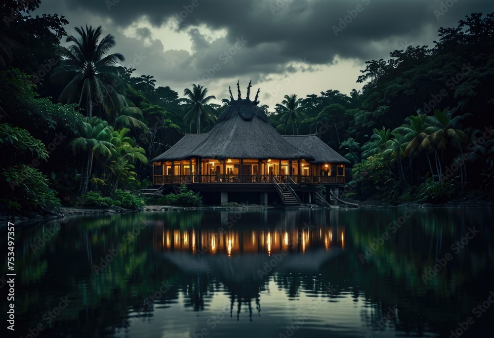 Fototapeta premium A tropical resort situated on a serene lake by ai generated