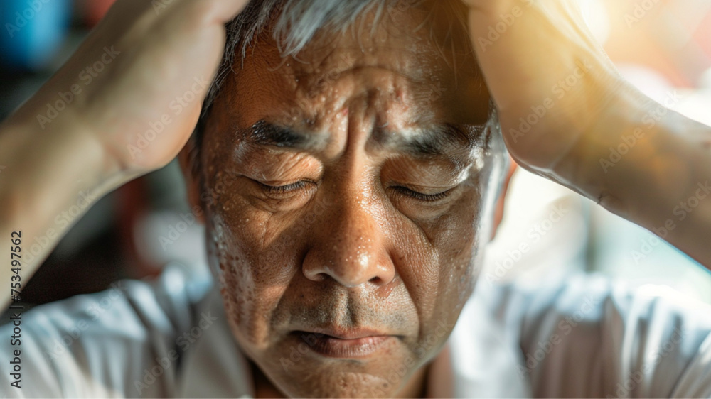 age of 50-60 Asian man sweating on his forehead, tired, photography age of 50-60 Asian man sweating on his forehead, tired, photography