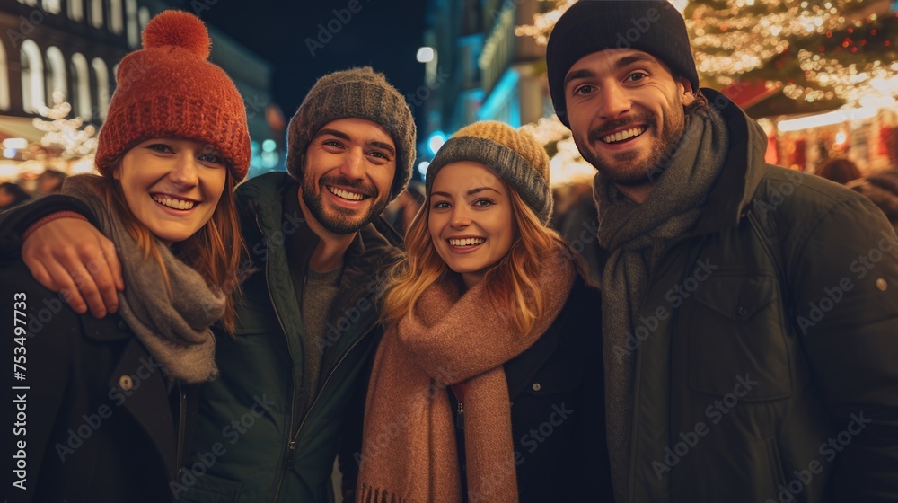 Four friends wearing hats, posing together for a picture on a street at night, Fictional Character Created By Generated AI. Four friends wearing hats, posing together for a picture on a street at night, Fictional Character Created By Generated AI.