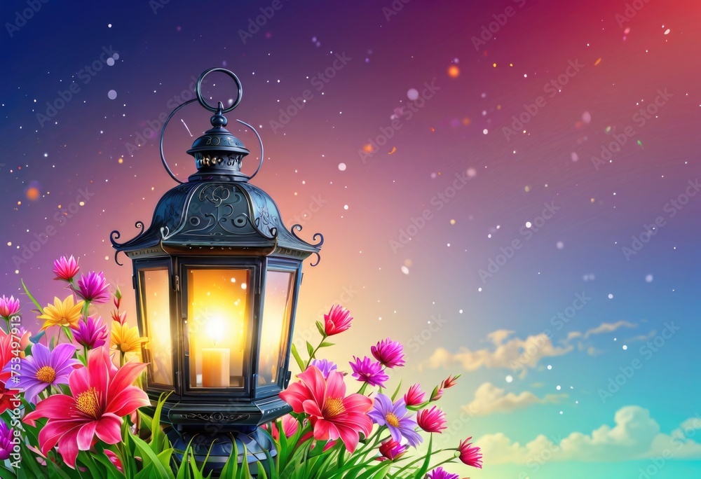 An illustration of a lantern adorned with colorful flowers against a backdrop of the sky by ai generated