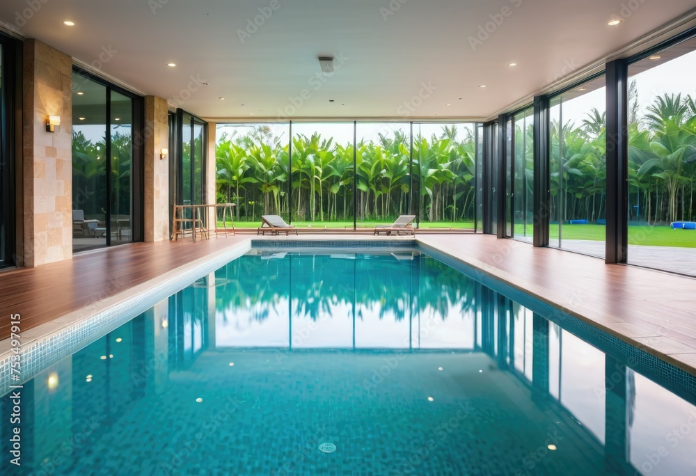 Fototapeta premium An indoor swimming pool featuring a backdrop of windows, offering a view of the surrounding scenery