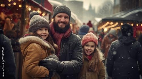 A happy family of three wearing winter hats and coats, Fictional Character Created By Generated AI.