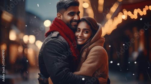 Portrait of Young Indian Couple Hugging Each Other in Warm Cloth Against Blurred Lighting Background. Fictional Character Created By Generated AI.