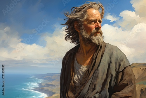 Portrait featuring a elderly man with angelic grace, his contemplative gaze directed towards the horizon as he stands on a windswept cliff overlooking the vast expanse of the ocean
