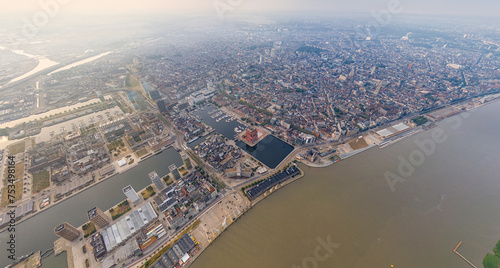 Antwerp  Belgium. Panorama of the city. River Scheldt  Escout . Summer morning. Aerial view