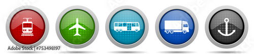 Transport icons, miscellaneous buttons such as train, plane, bus, truck and anchor, circle glossy web icon collection