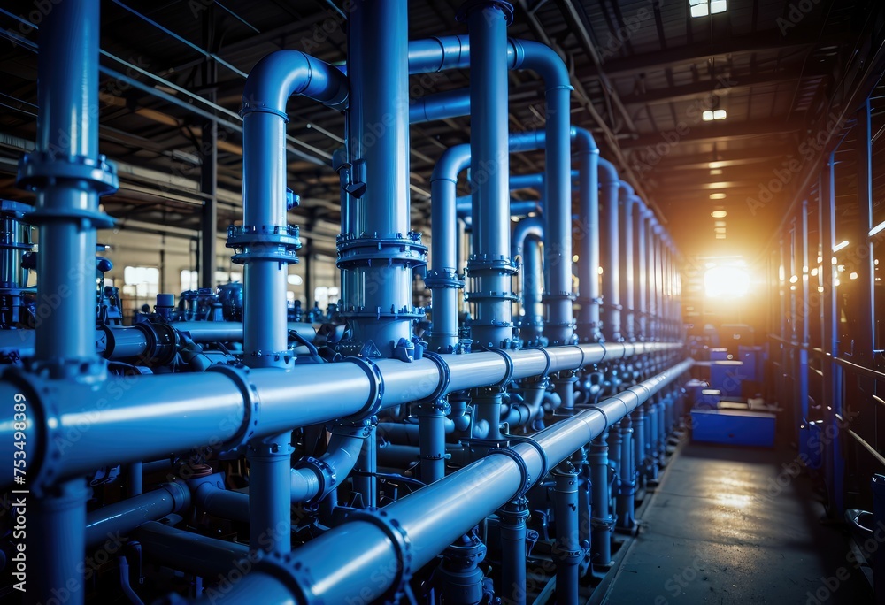 Blue lighting illuminates the chemical plant equipment and metal pipelines, creating a futuristic ambiance in the facility by ai generated Blue lighting illuminates the chemical plant equipment and metal pipelines, creating a futuristic ambiance in the facility by ai generated