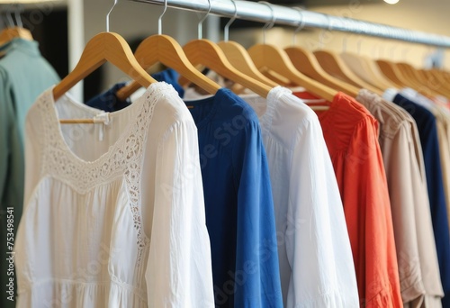 Close-up of casual dresses hanging on racks in a store by ai generated