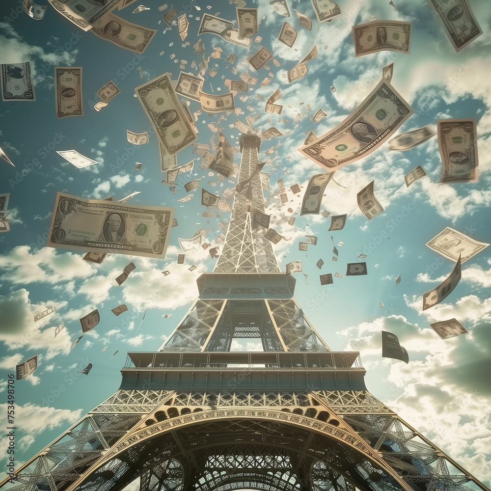billets de banque qui tombent du ciel devant la tour Eiffel