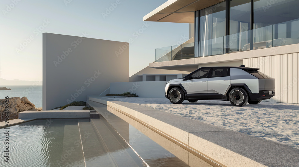 Futuristic Car Parked in Front of a House
