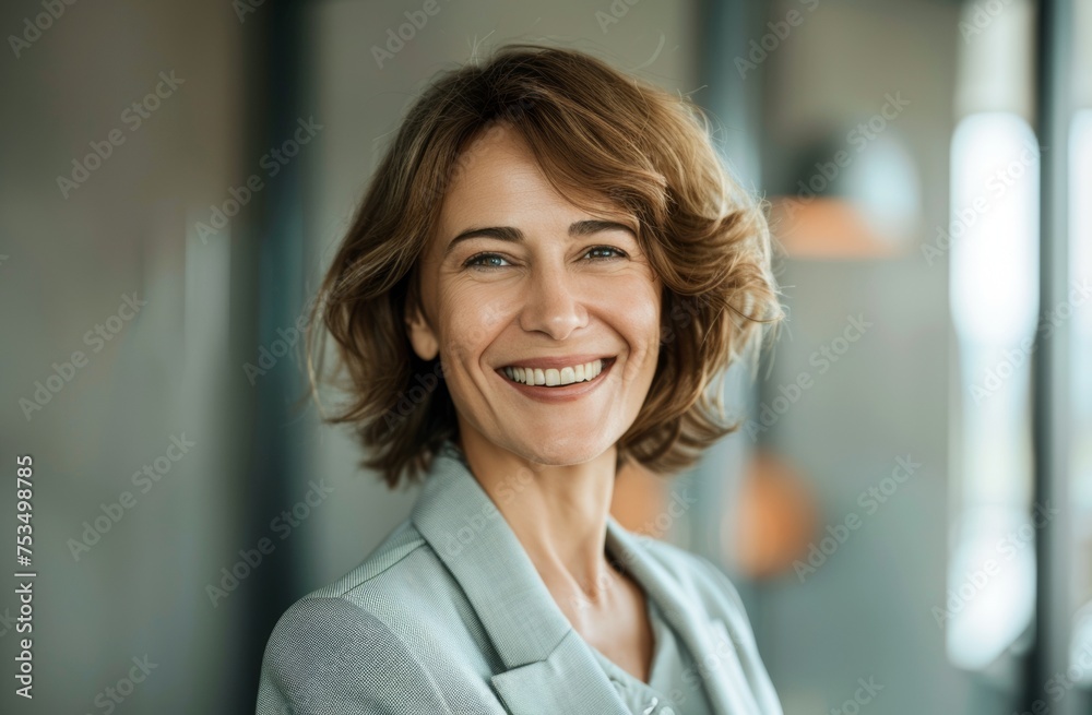 Joyful Middle-Aged Businesswoman with Curly Hair in Light Gray Suit Joyful Middle-Aged Businesswoman with Curly Hair in Light Gray Suit