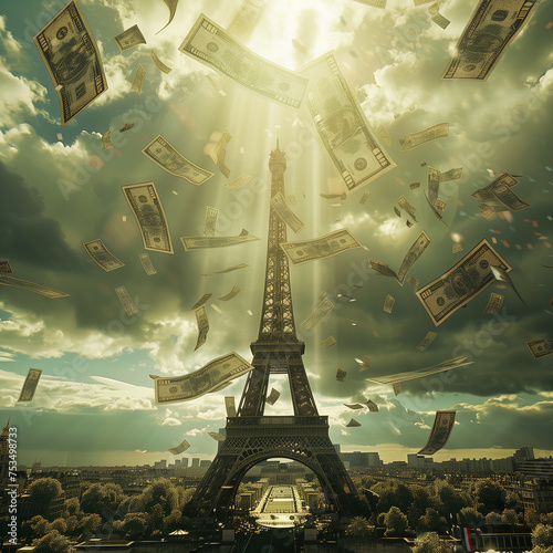 billets de banque qui tombent du ciel devant la tour Eiffel photo