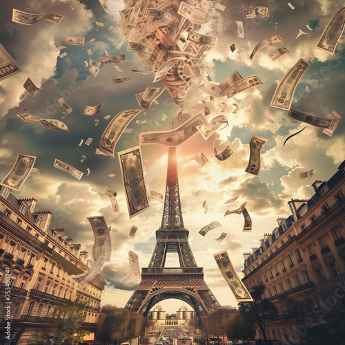 billets de banque qui tombent du ciel devant la tour Eiffel photo