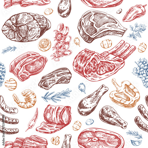 Meat and vegetables seamless pattern in engraved vintage style. Hand-drawn colored pattern of barbecue meat pieces with herbs and seasonings. Sketches for meat restaurant.