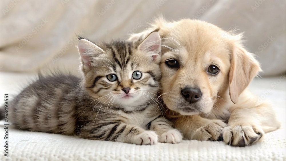 Puppy and kitten together on a white background, close-up Puppy and kitten together on a white background, close-up