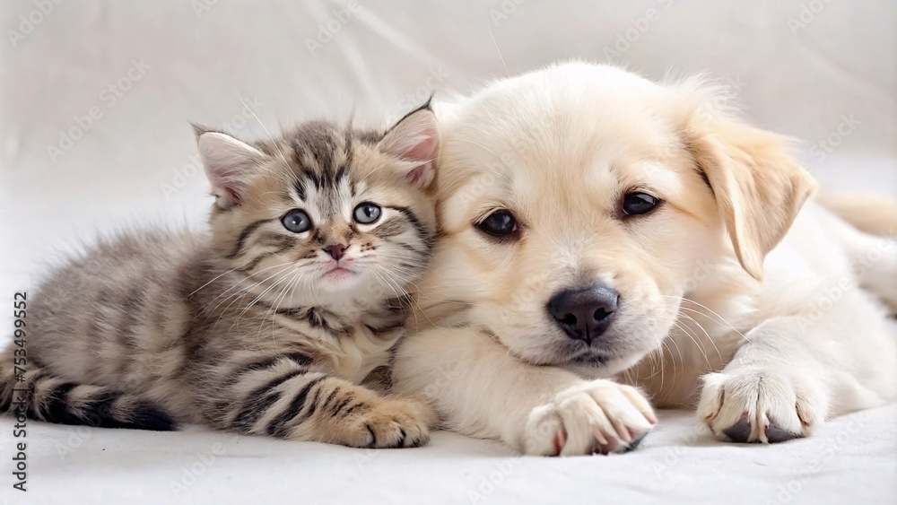 Puppy and kitten together on a white background, close-up