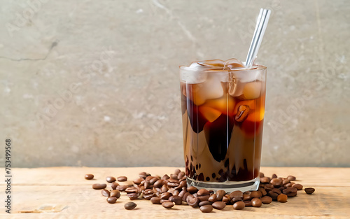 Cold drip arabica black coffee in glass with ice ball