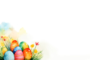 Watercolor Easter eggs and flowers corner border composition isolated on white background for cover page card postcard poster decoration